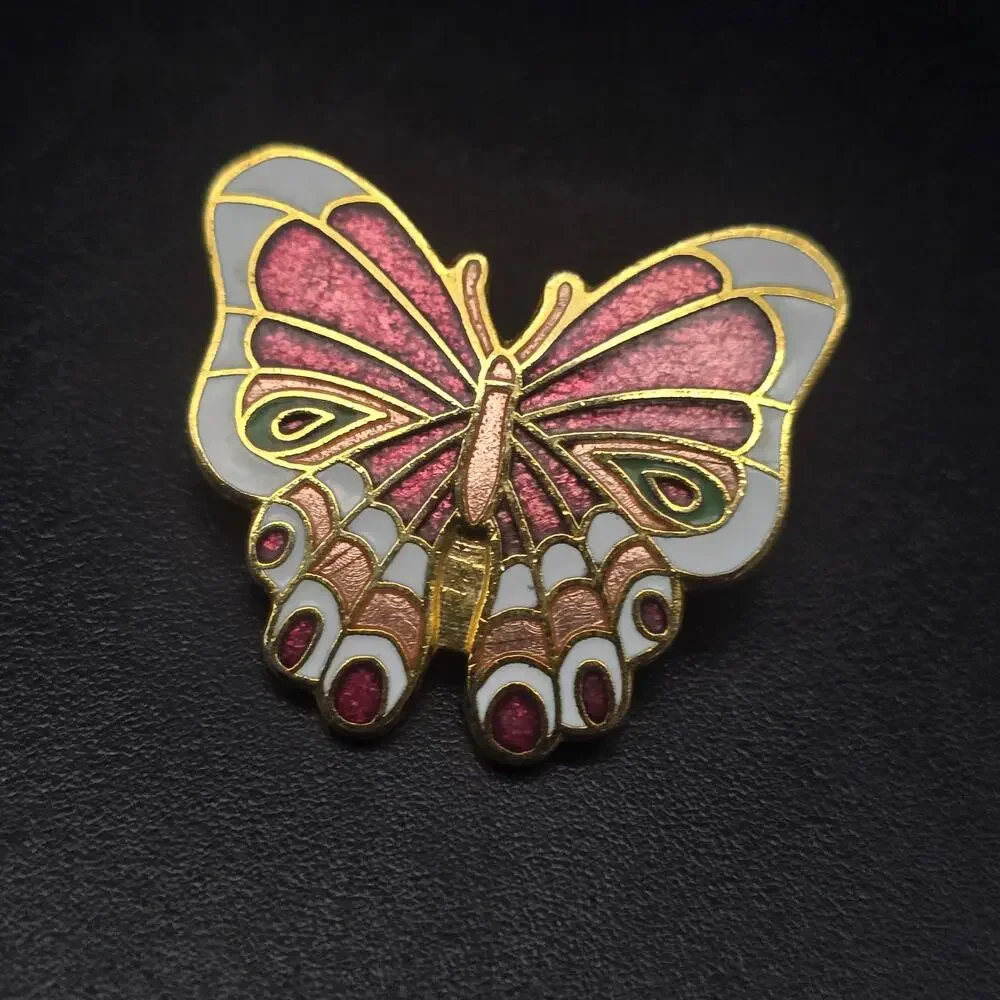 Cloisonne Enamel Butterfly Brooch Pink Petite Dainty Bug Insect Summer Jewelry